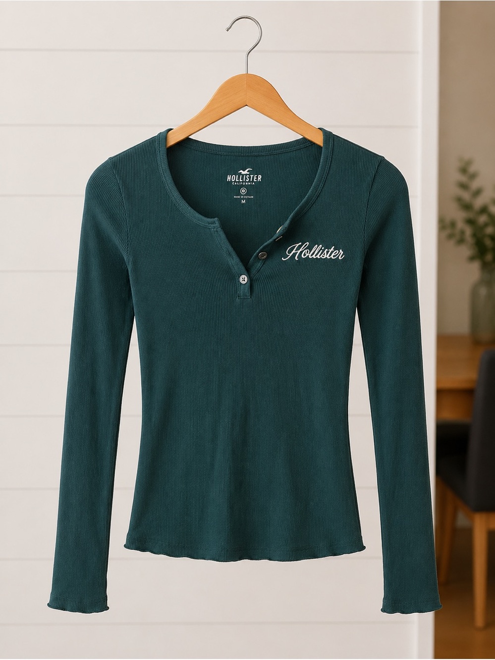 Hollister Deep Teal Ribbed Long-Sleeve Henley Top